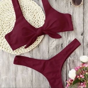 Scrunch Butt Knotted Thong Bikini - Burgundy M